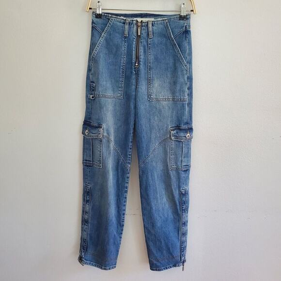 Jonathan Simkhai Payton Denim Cargo Jeans Mid Rise Straight Leg Zipper Hem - Picture 1 of 16